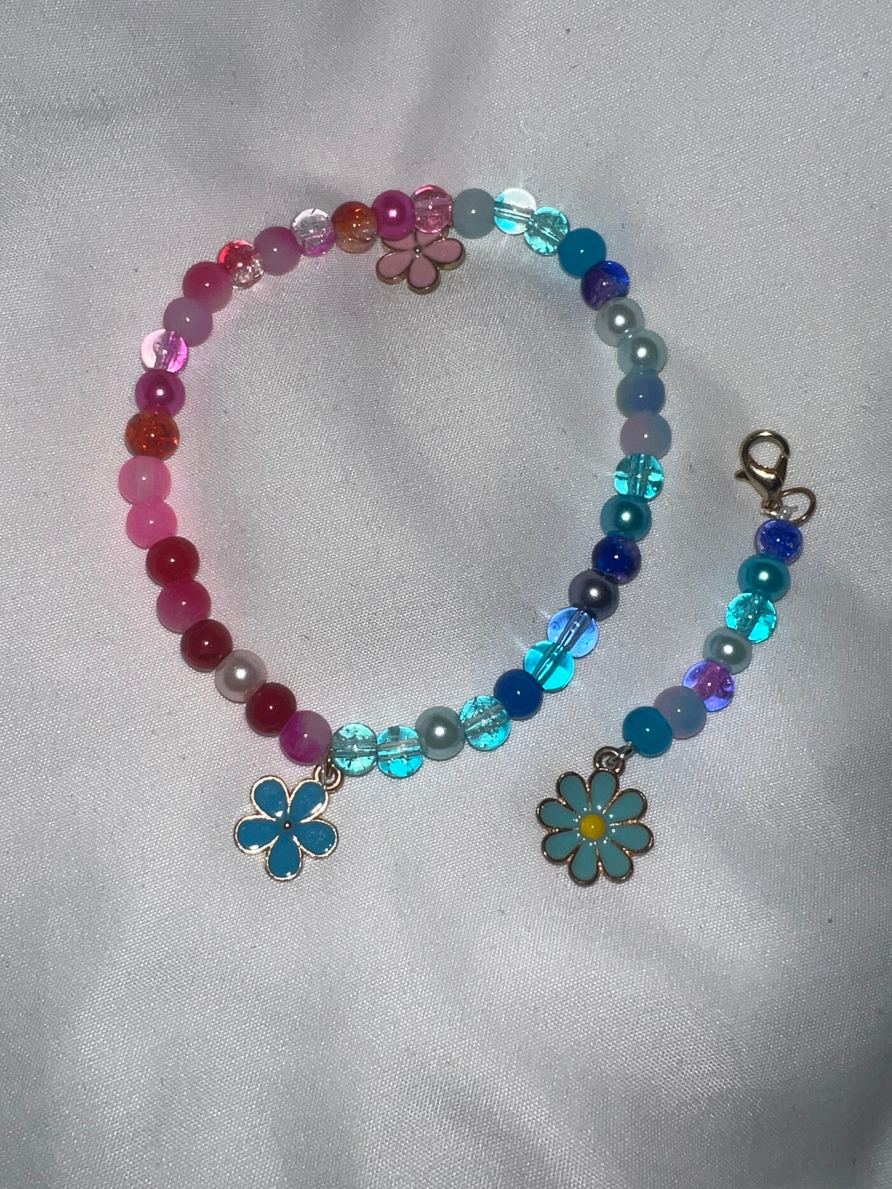 Blue and pink glass flower bracelet, and keychain